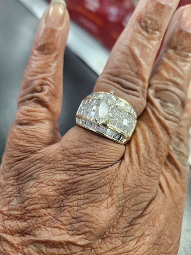 A close up of a person 's hand with a ring on it