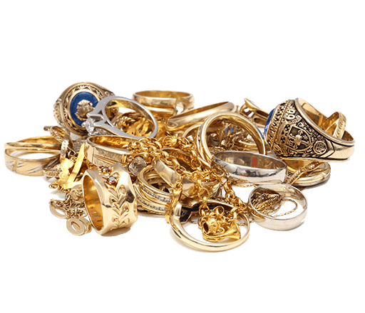 A pile of gold rings and chains on a white background.