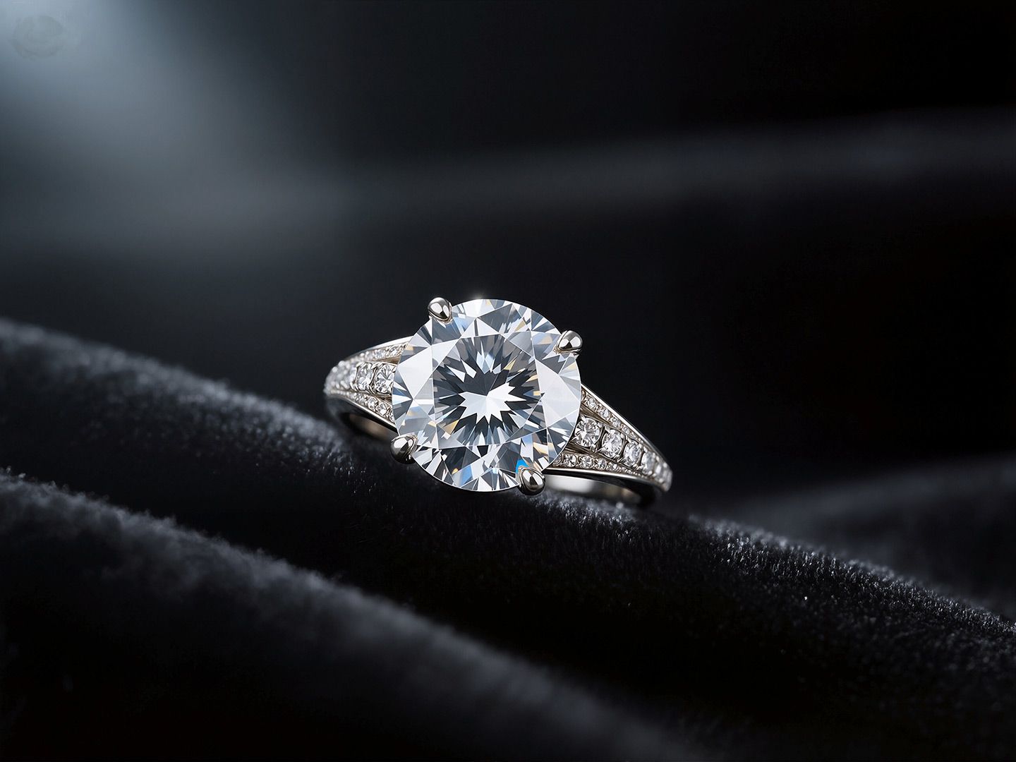 Diamond engagement ring on black velvet.