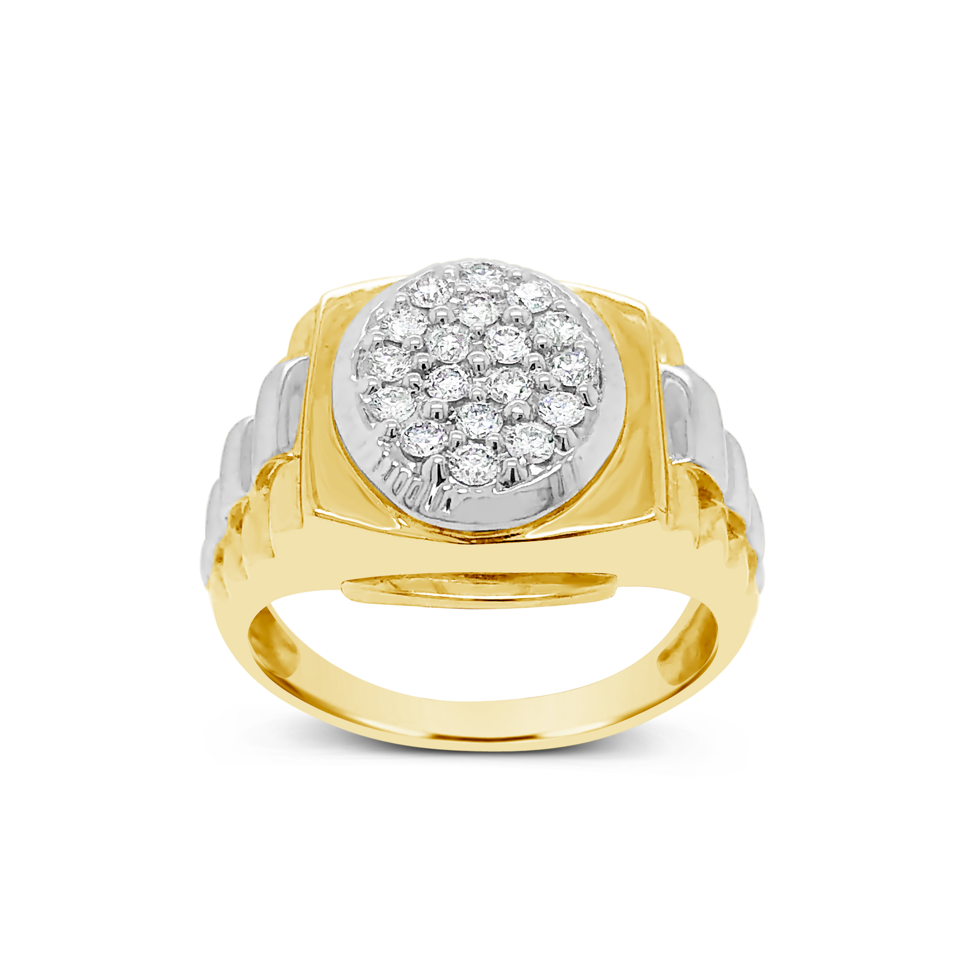 A yellow and white gold ring with diamonds on a white background.