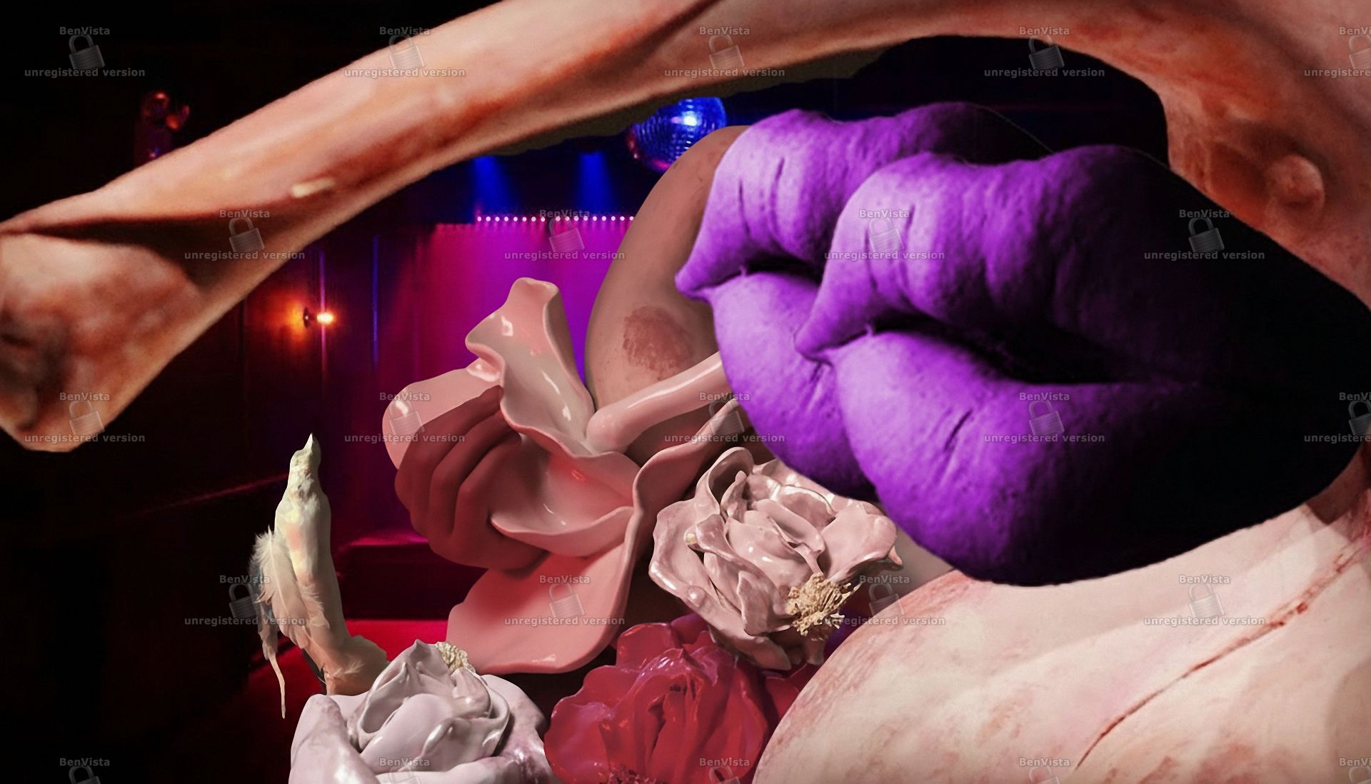 A surreal collage features bright purple lips positioned over pale, organic textures, flowers, and a dimly lit stage background.