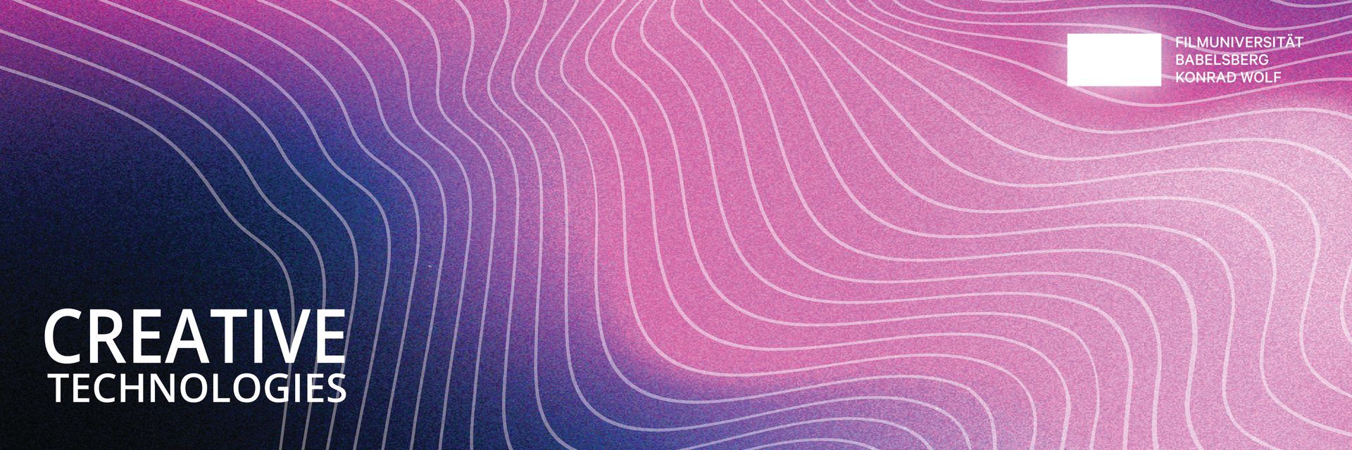 Banner featuring abstract white contour lines on a dark blue to pink gradient background with 