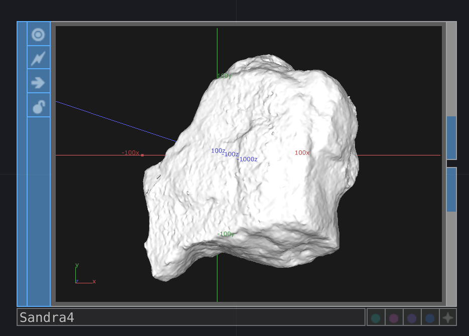 A 3D digital model of a textured, irregular rock fragment displayed within a software interface titled Sandra4.