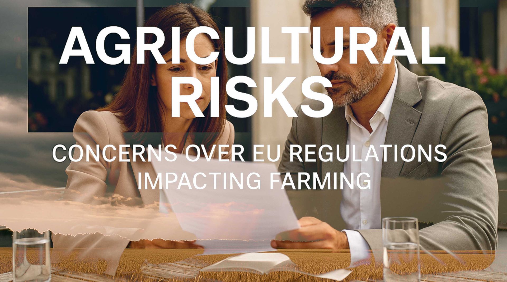 wo European business professionals, a woman in her mid-30s and a man in his 40s, sit at a rustic wooden table reviewing agricultural trade documents, with notebooks and glasses of water in front of them. The scene, set against a modern European building with greenery, reflects a professional discussion on agricultural investments and commodity markets.
