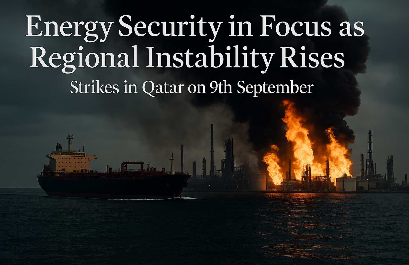 Oil tanker sailing past a refinery with smoke and flames rising, highlighting energy security concerns amid regional instability in Qatar, September 9 strike