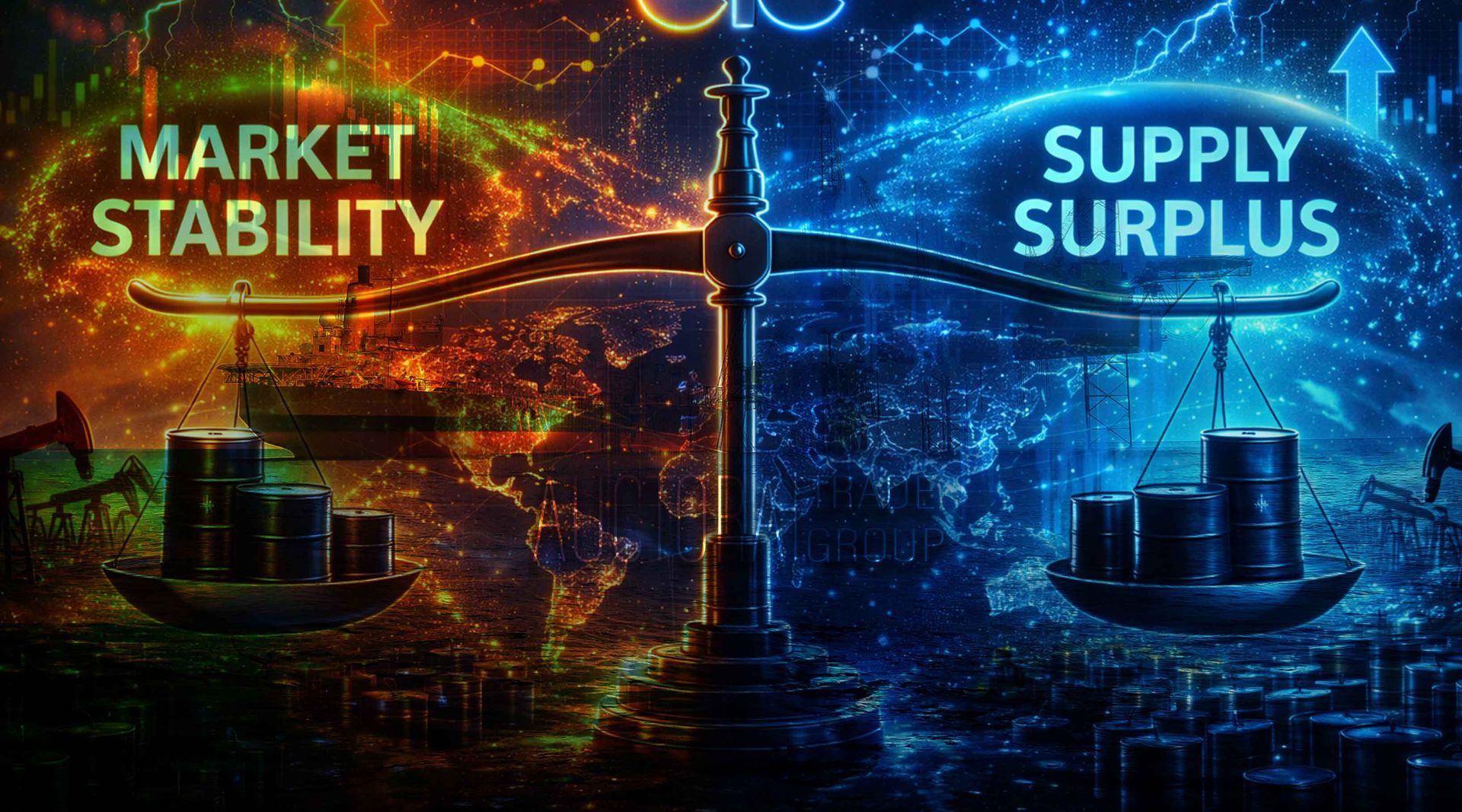 OPEC+ oil market dynamics February 2026, illustrating global crude oil supply surplus versus market stability, OPEC production policy, Middle East energy influence, and shifting oil flows to Asia, Europe, and North America.