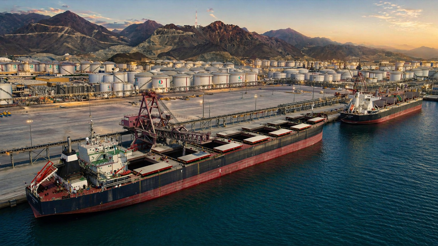 Aerial view of a major UAE port with bulk cargo vessels, storage tanks, and strategic logistics infr