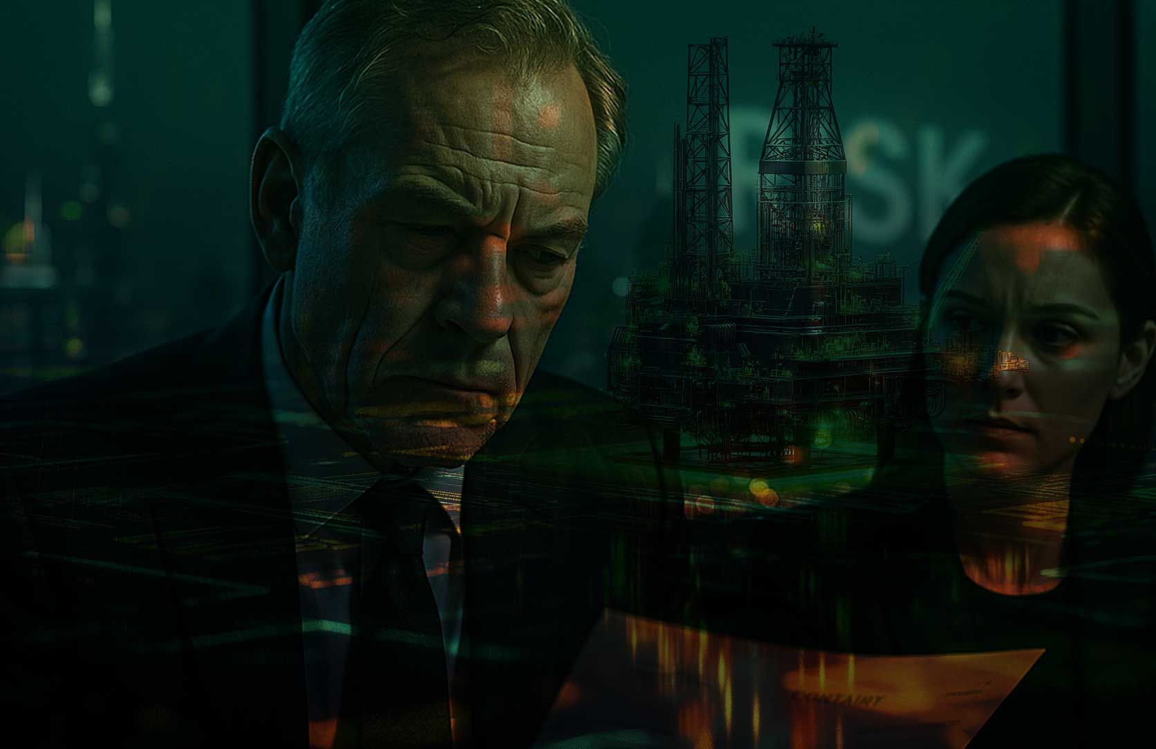 CEO and assistant reviewing fraudulent paperwork for due diligence checks on misleading procedures and false SCOs in B2B oil commodities trading