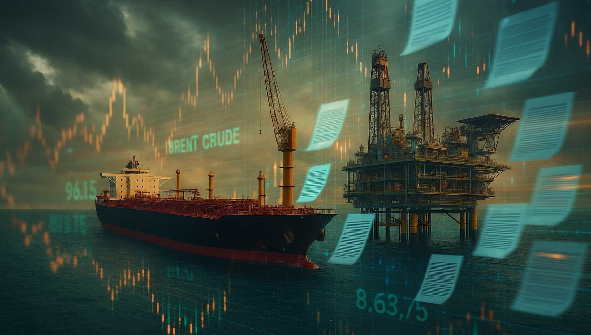 Composite image of oil tanker and offshore rig under stormy skies with financial market data, Brent Crude prices, and digital contract documents layered across the scene.