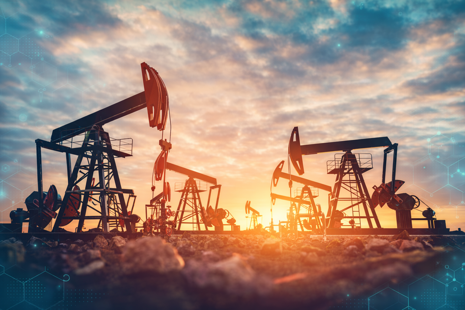 Crude oil extraction and pumpjacks in global energy markets for oil trading and supply contracts