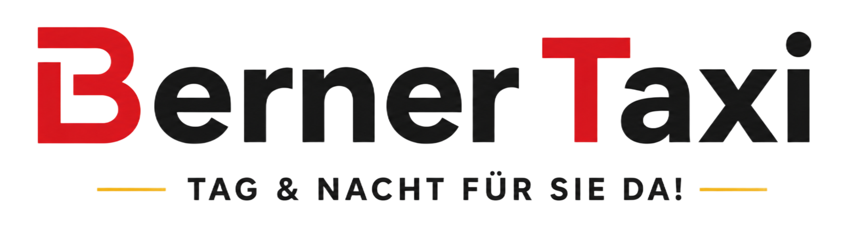 Berner Taxi logo with red and black text and the slogan “Tag & Nacht für Sie da!”