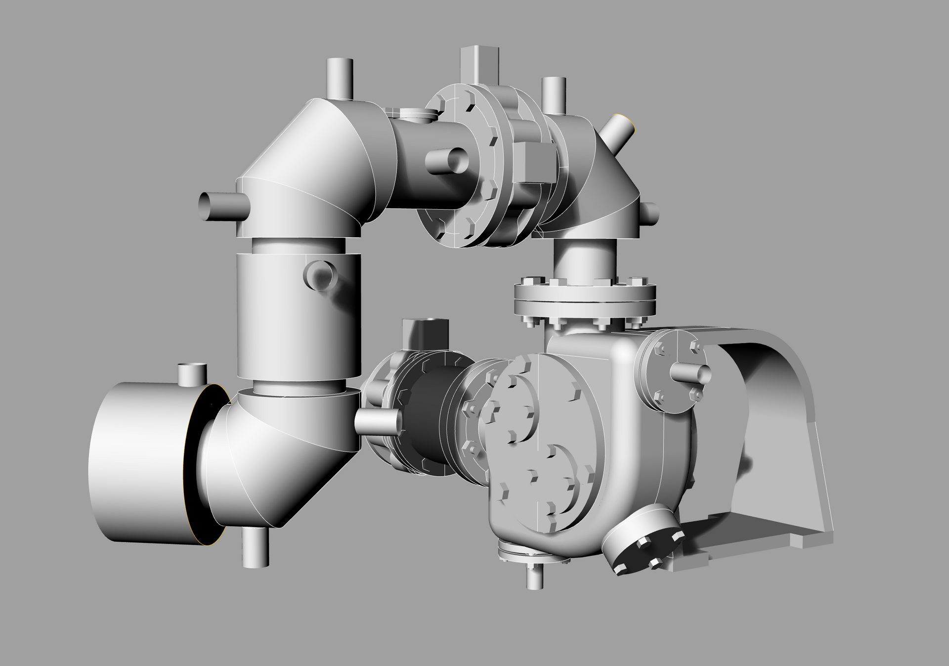 Insulock 3D model of a complex mechanical pump (Varisco) system with pipes and flanges.