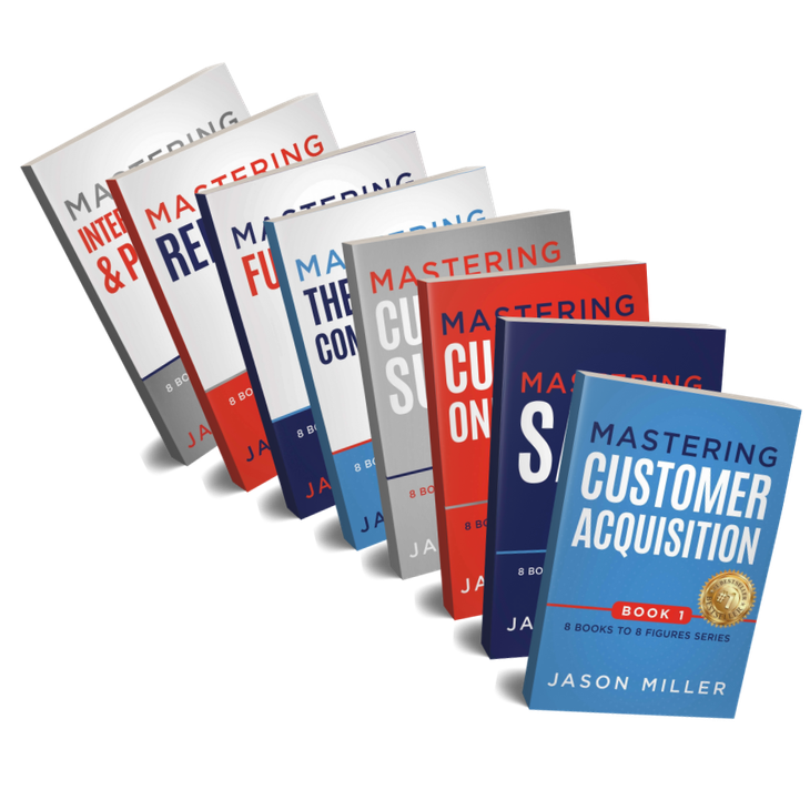 A row of books titled mastering customer acquisition by jason miller