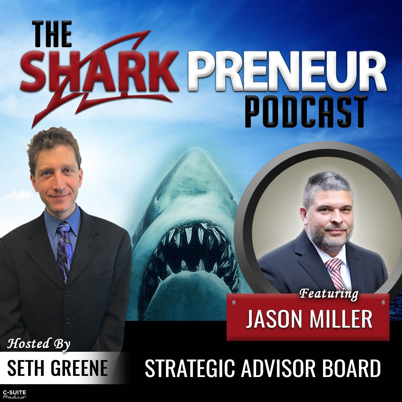 A poster for the sharkpreneur podcast featuring jason miller