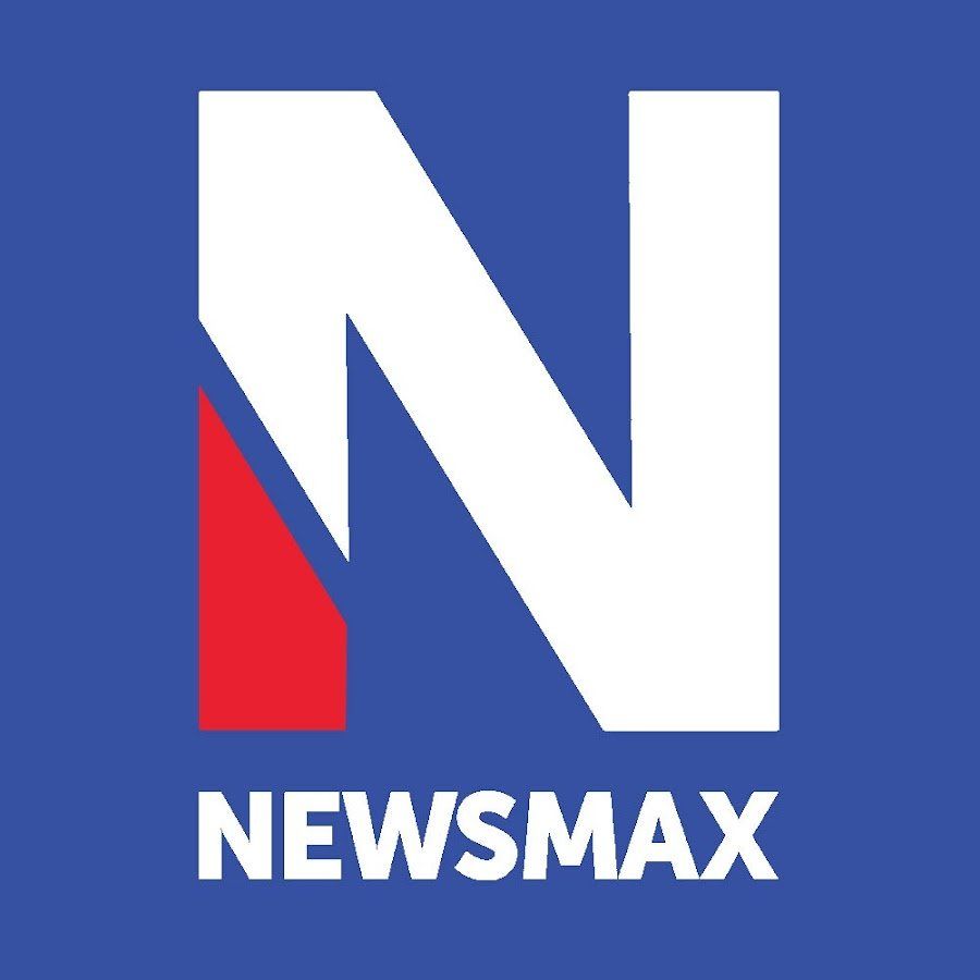 A blue and white logo for newsmax