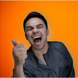 A man giving a thumbs up with his mouth open