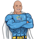 A cartoon of a man dressed as a superhero with his arms crossed.