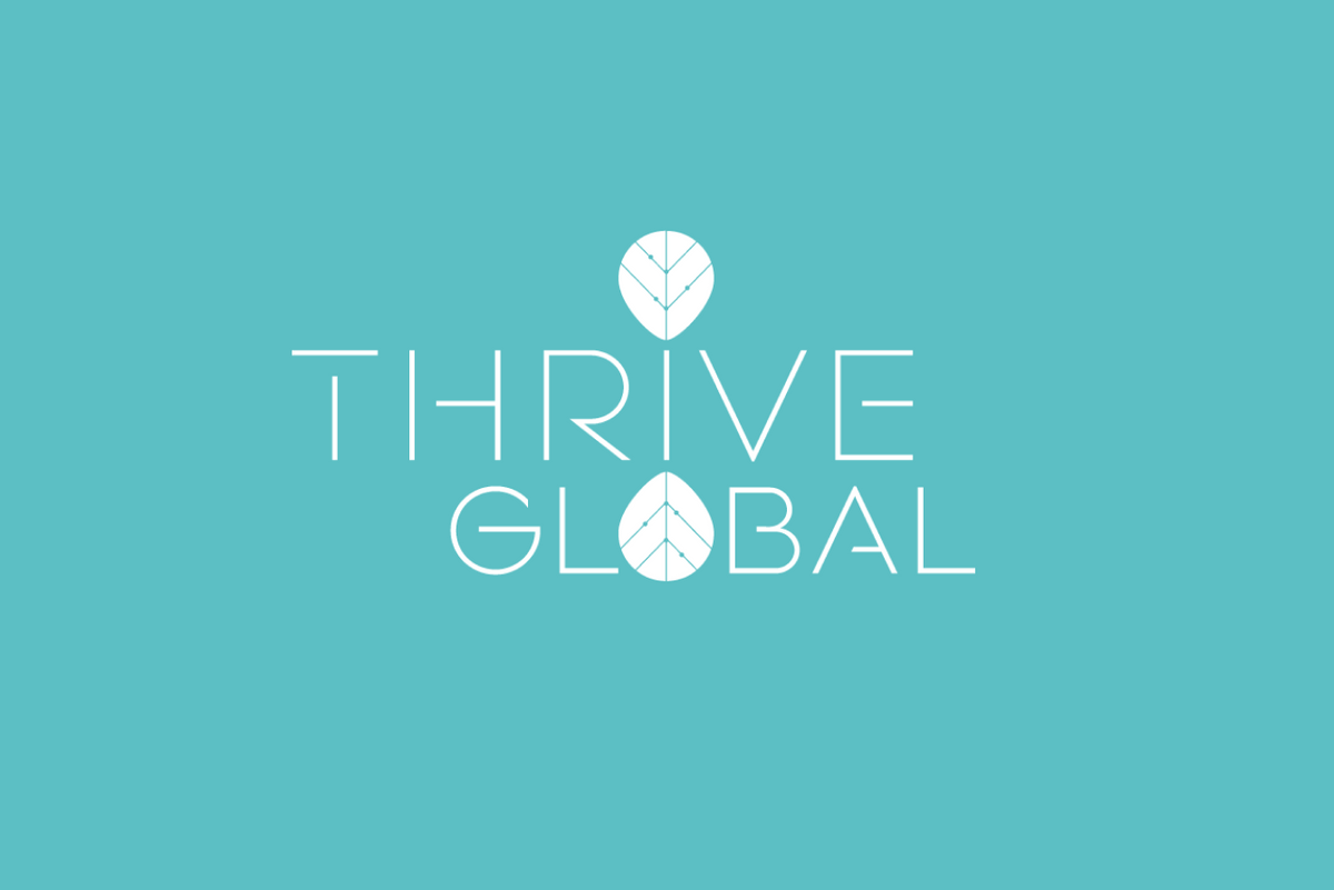 The logo for thrive global is on a blue background.