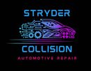 Neon blue and purple STRYDER Collision automotive repair logo with stylized car outline and gear icon