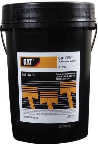 Cubo de aceite CAT negro con etiqueta amarilla y blanca, SAE 15W-40, para motores diésel.