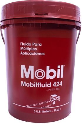 Balde de aceite Mobil Mobilfluid 424 rojo, 5 galones estadounidenses.