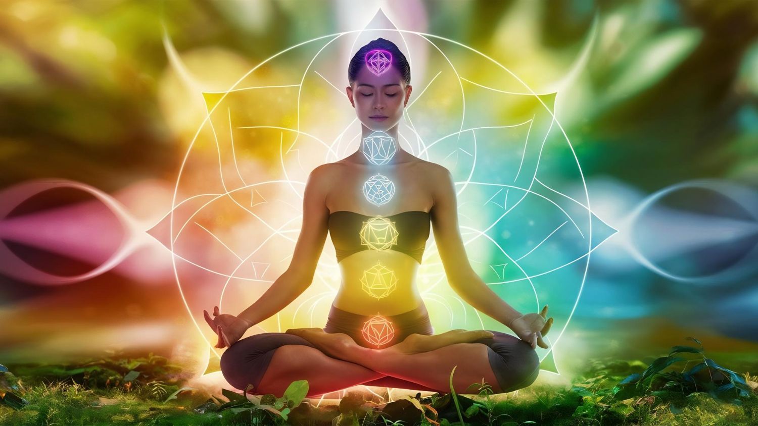 Woman meditating, chakras glowing. Lotus position, colorful energy aura, spiritual setting.