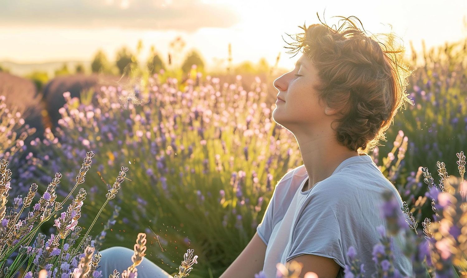 Person sitting in a lavender field, eyes closed, enjoying sunlight.