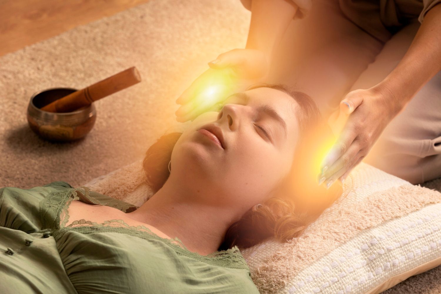 Spa therapist giving facial massage with glowing stones beside a woman lying on a towel