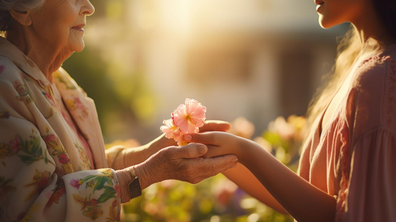 A little girl is giving an elderly woman a flower.