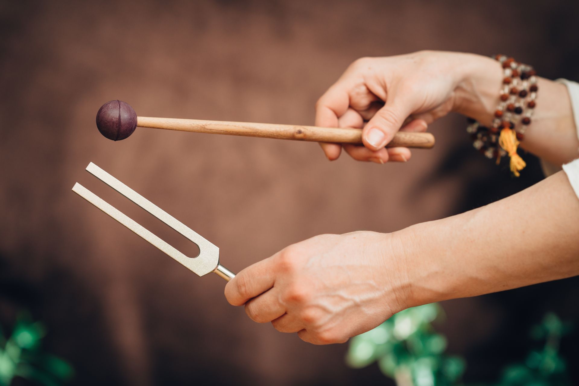 Hands holding a tuning fork and mallet. Brown background with out-of-focus green plants.
