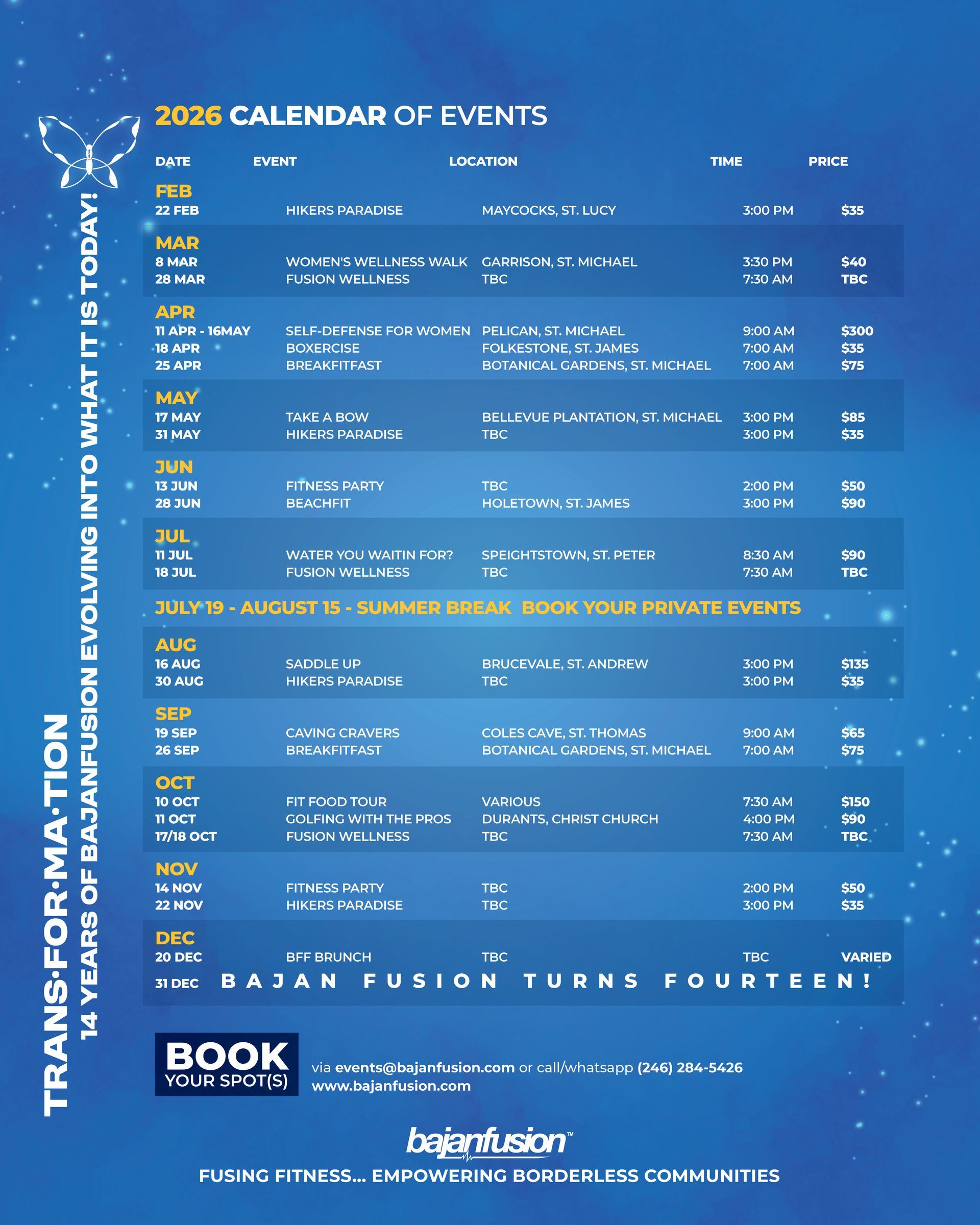 2026 event calendar with dates, events, locations, times, and prices. Includes text 