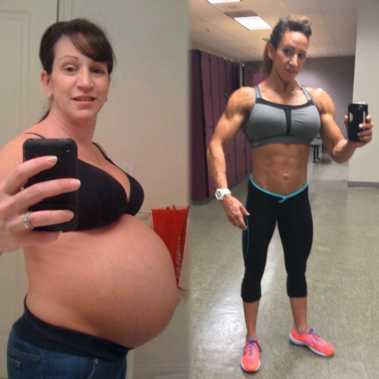 A pregnant woman taking a selfie next to a muscular woman