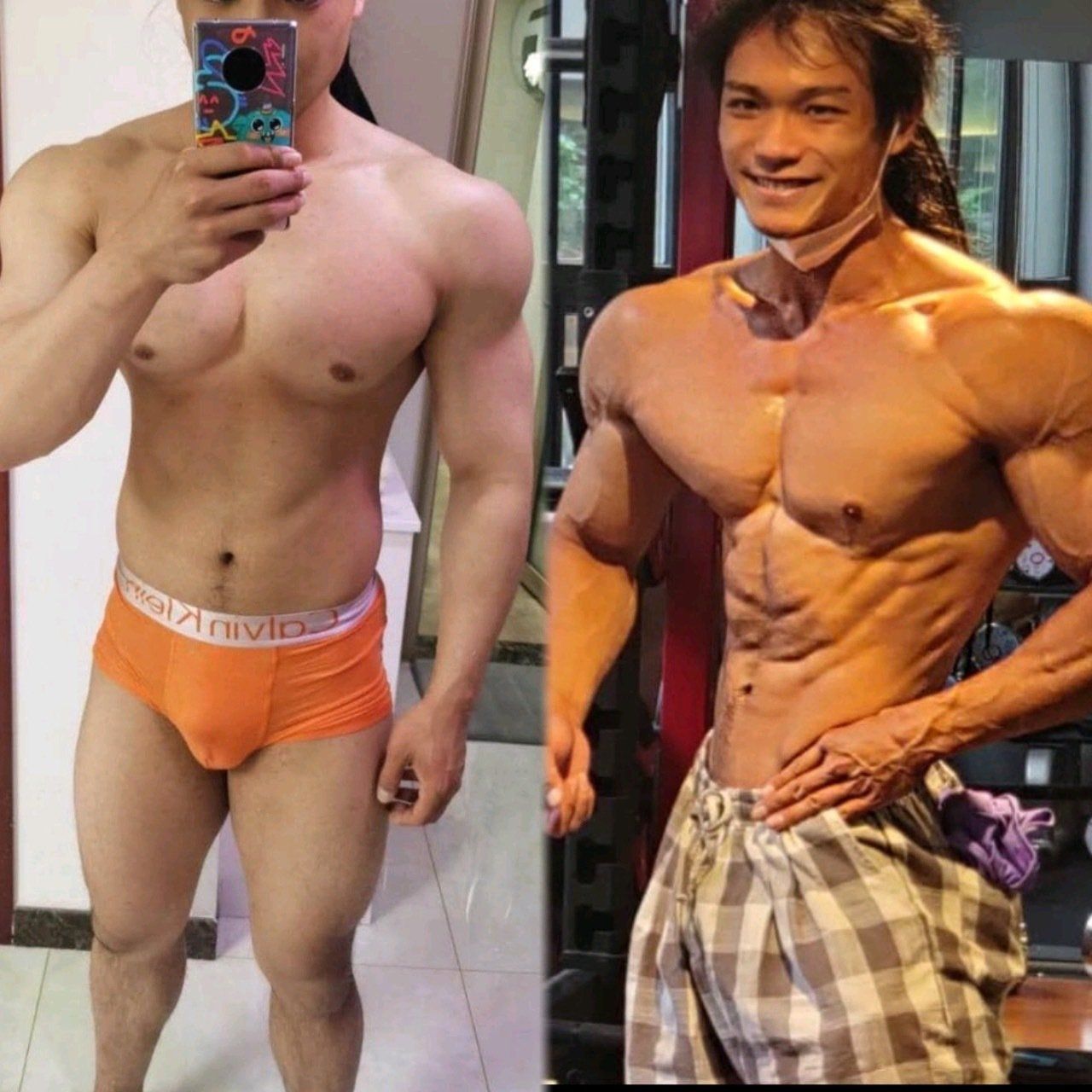 A shirtless man taking a selfie next to a shirtless man in plaid shorts