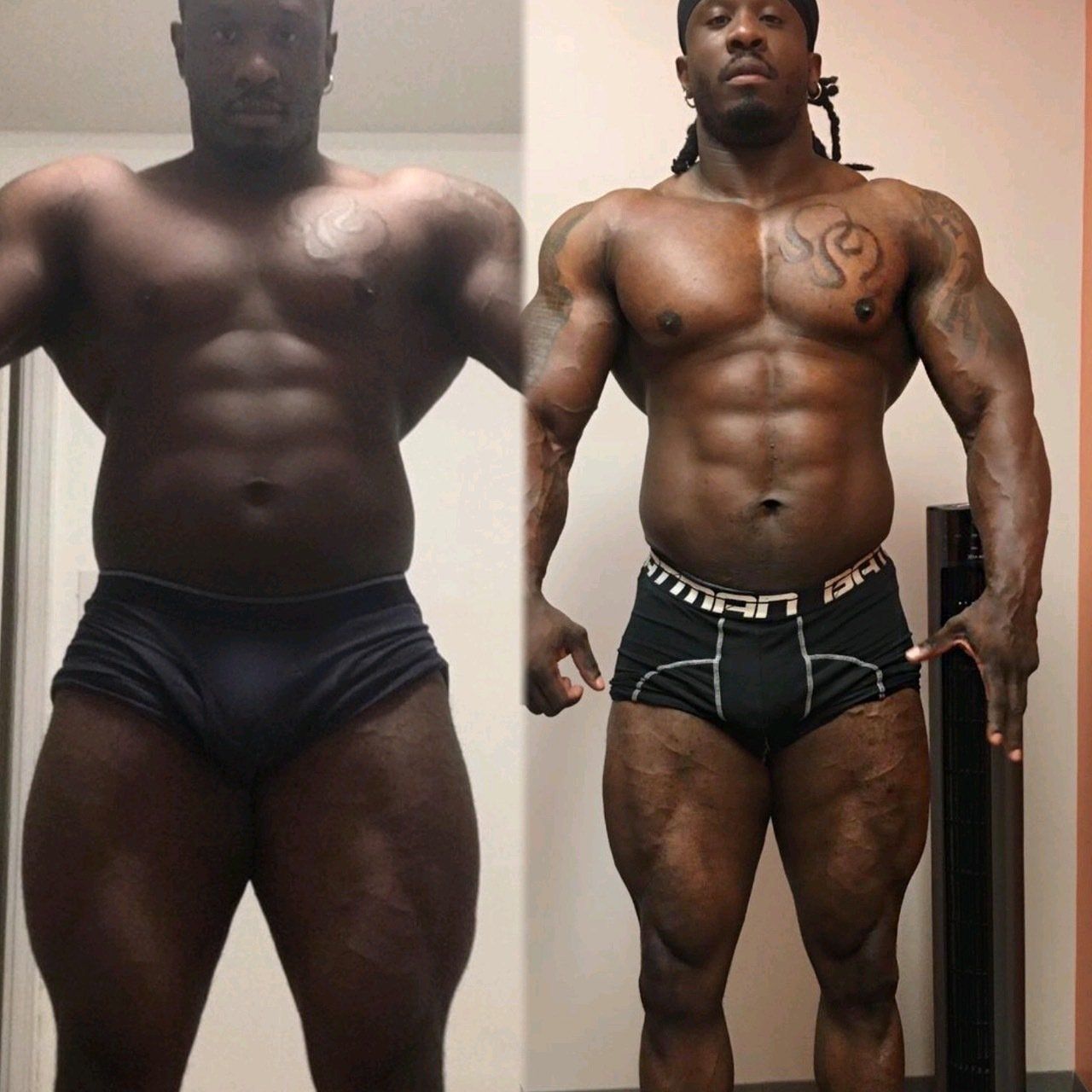 A before and after picture of a muscular man