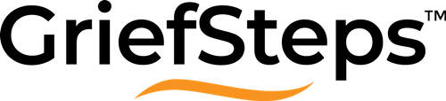 The griefsteps logo is black and orange with a wave in the middle.