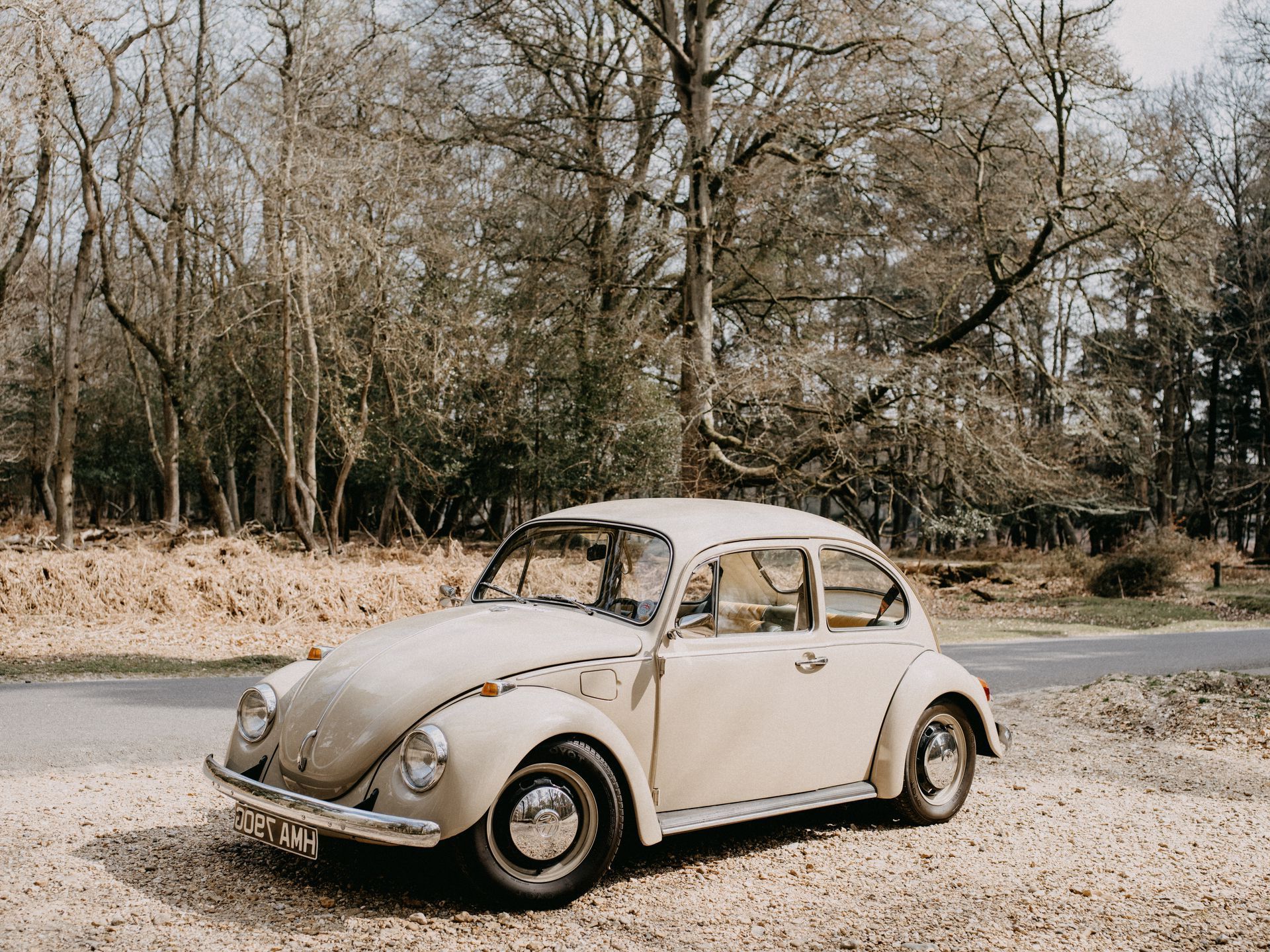a classic volkswagen beetle is parked on the side of the road