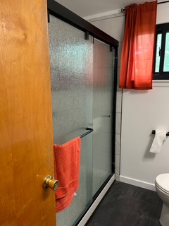 Bathroom with a frosted glass shower, orange towel, coral curtain, and toilet.