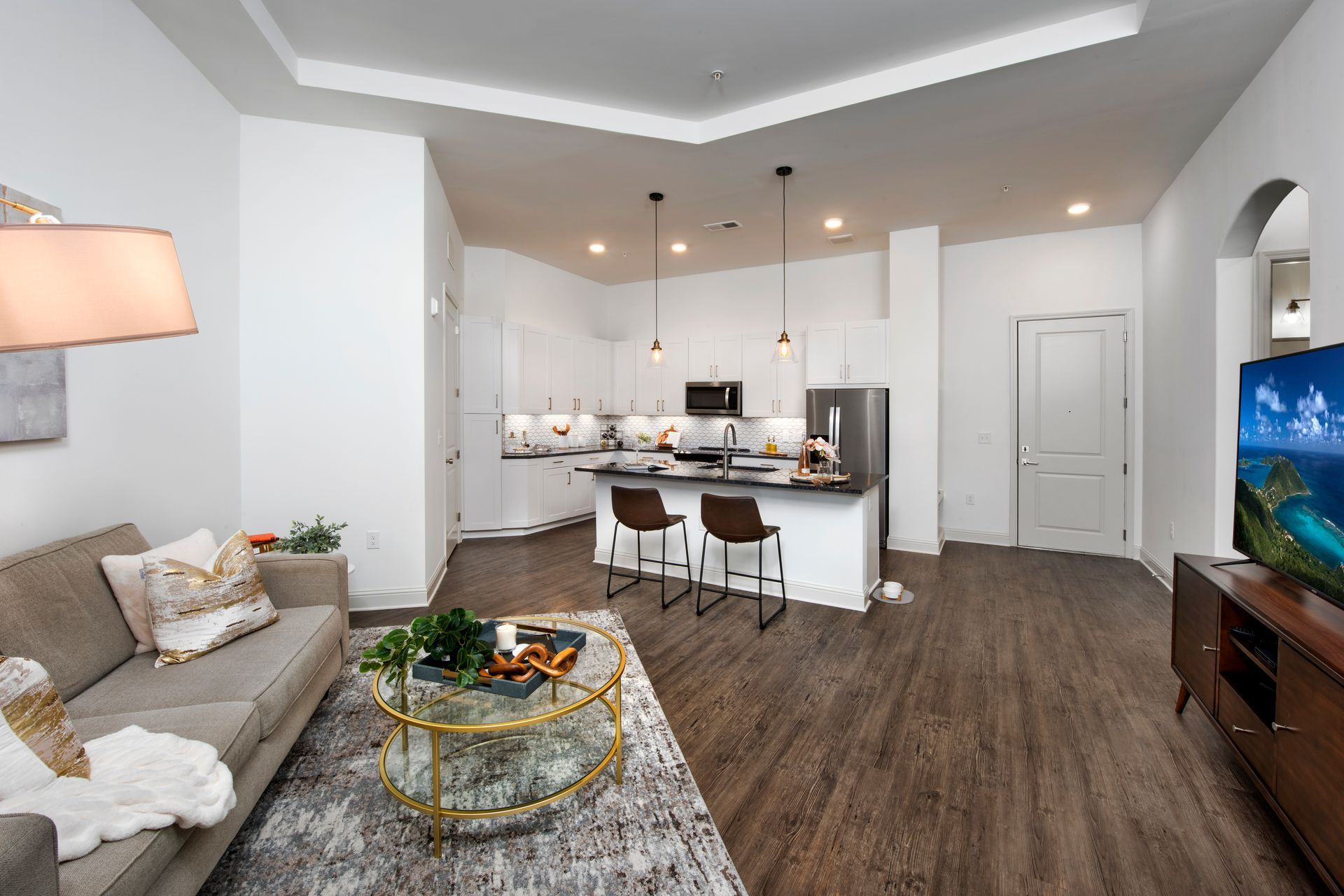Living room and kitchen at The Heights at Millcroft in Buford, GA.
