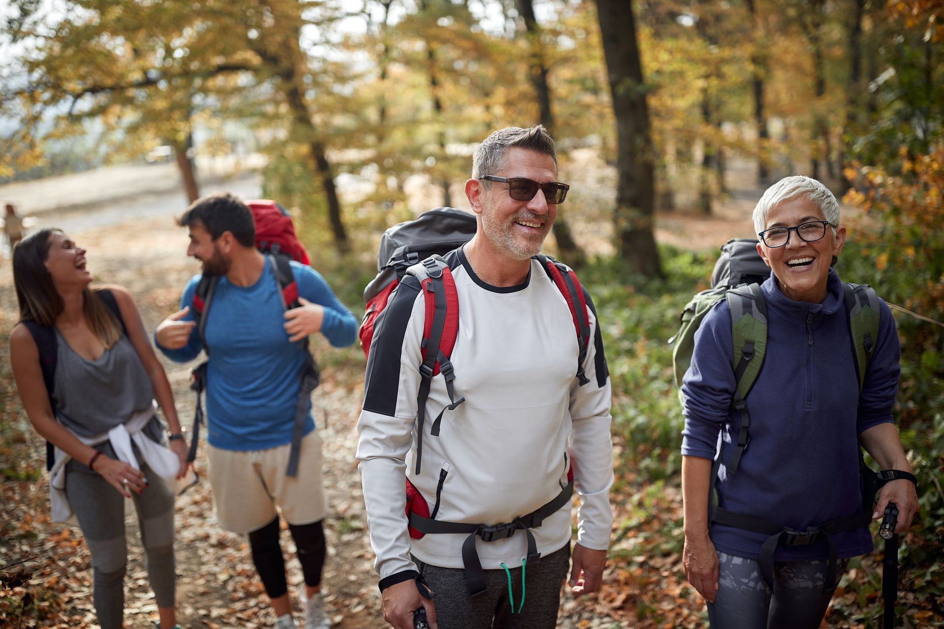 A group of people are hiking in the woods.