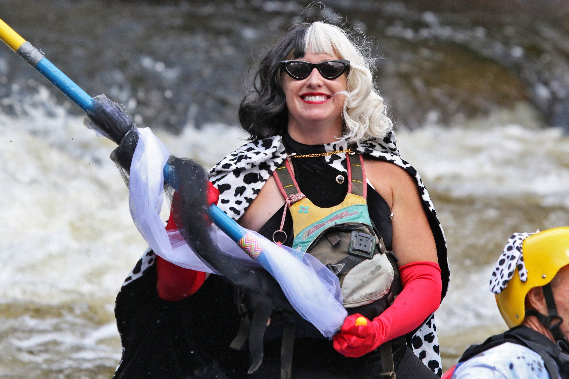 Woman has costume while rafting