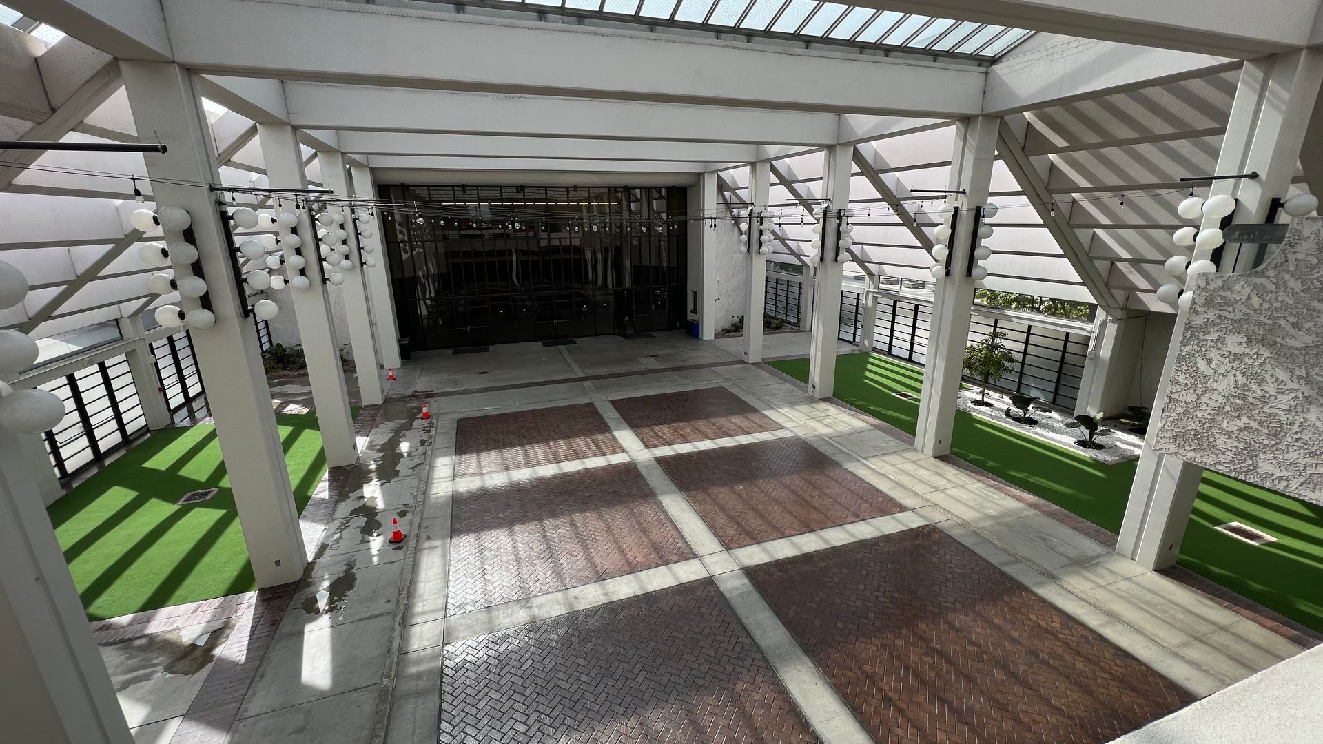 step stones, pool and artificial grass