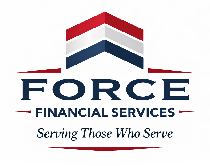 Logo for Force Financial Services: A red, white, and blue chevron icon above the company name and "Serving Those Who Serve."