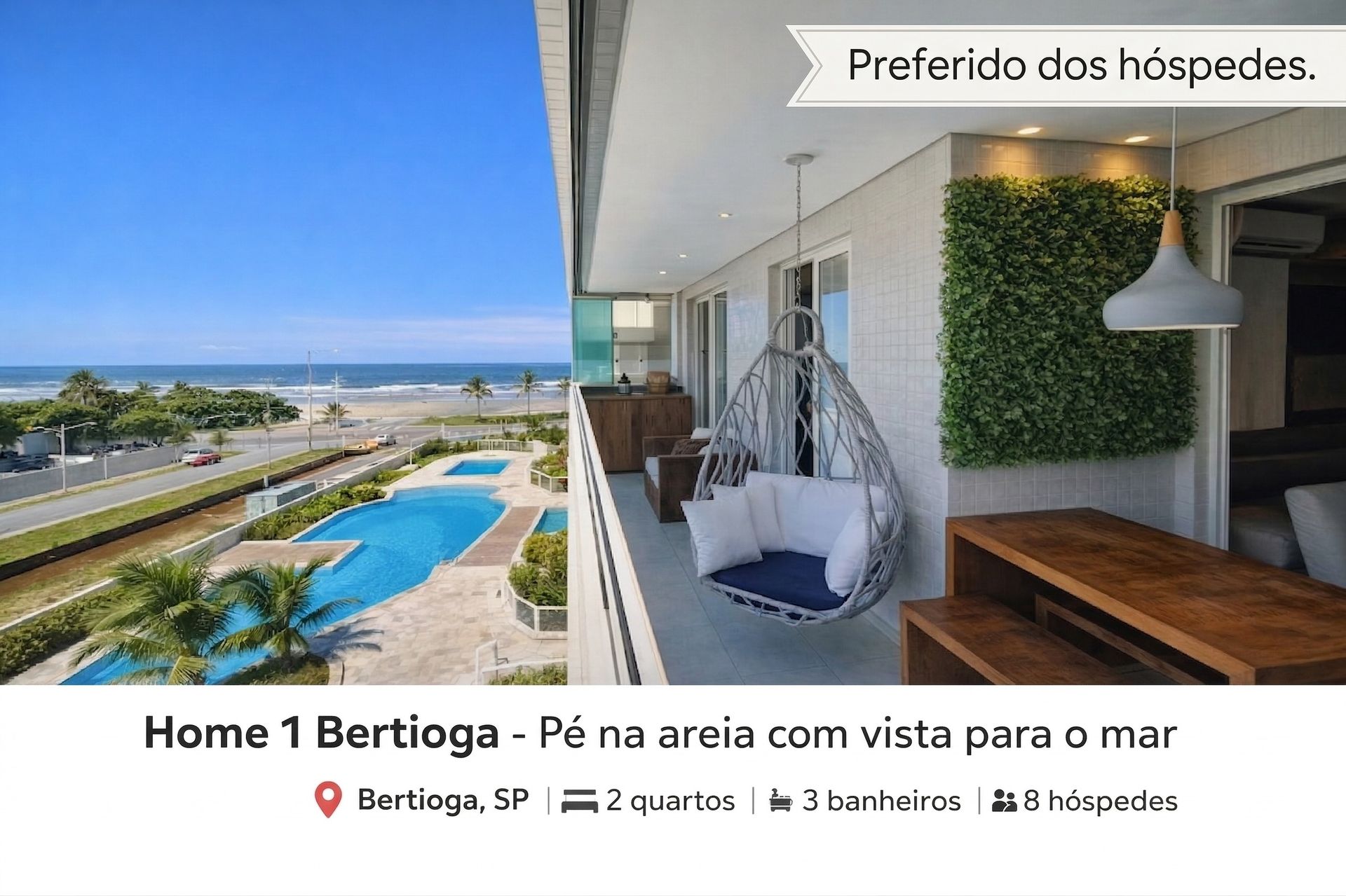 <p class="rteBlock">"Home 1 Bertioga - </p><p class="rteBlock">Pé na areia com vista para o mar</p><br><p class="rteBlock">📍 Bertioga, SP   🛏 2 quartos   🚿 3 banheiros   👥 8 hóspedes"</p>