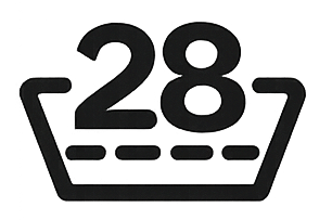 Símbolo de lavado, 28 grados centígrados, lavado suave.