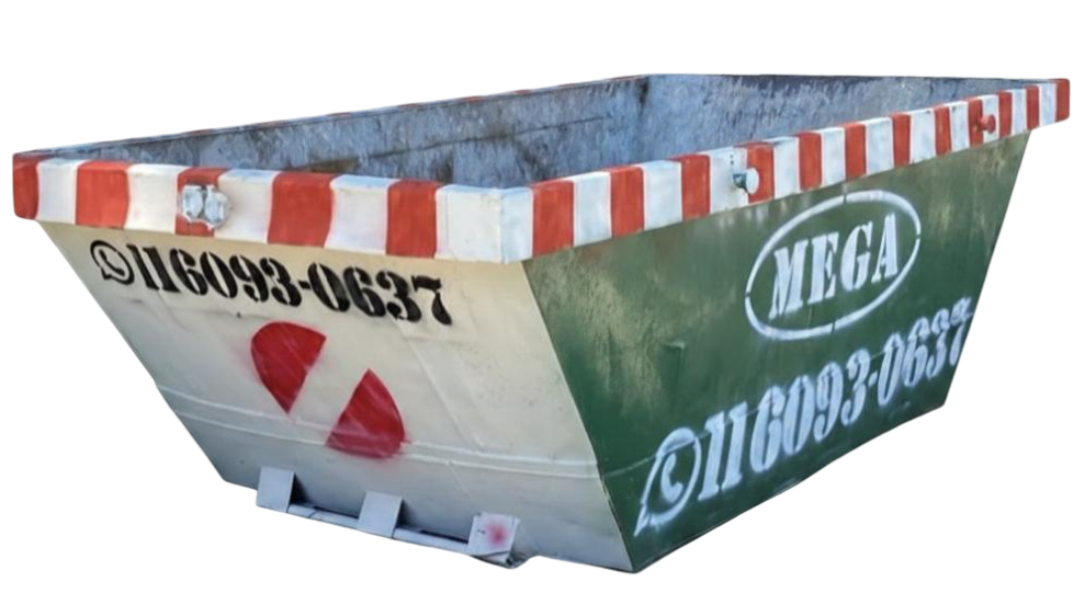 Contenedor de basura verde y blanco con rayas rojas y blancas, logotipo 