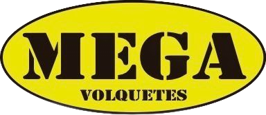 Logotipo para MEGA VOLQUETES: texto negro sobre óvalo amarillo