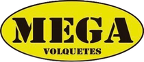 Logotipo para MEGA VOLQUETES: texto negro sobre óvalo amarillo