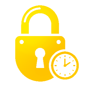 Un icono amarillo de un candado combinado con un reloj, que simboliza una seguridad bloqueada en el tiempo