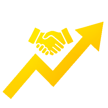 Un icono gráfico amarillo que muestra un apretón de manos colocado encima de una flecha con tendencia ascendente.