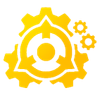 Un logotipo amarillo que presenta un círculo central rodeado de formas similares a engranajes